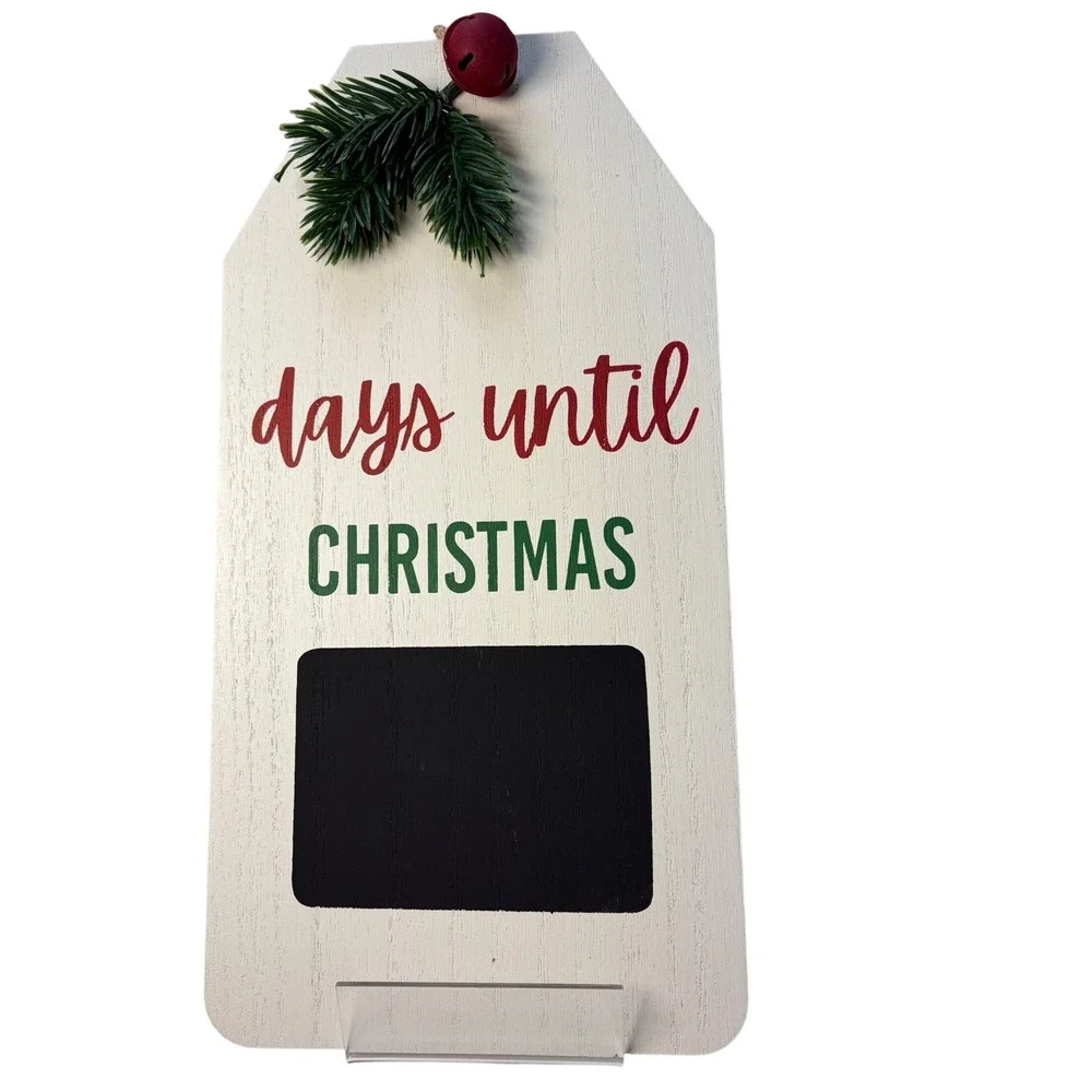 Christmas Countdown Chalkboard Sign White Wood Tag Jingle Bell Wall Decor 12in